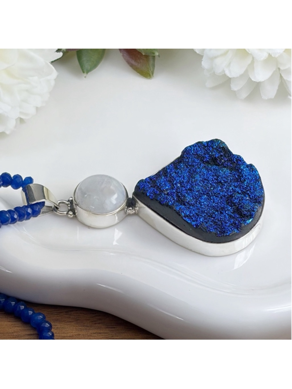 Genuine Titanium Druzy Quartz Moonstone Pendant Necklace Jewelry Set Lot 925 - Picture 7 of 11